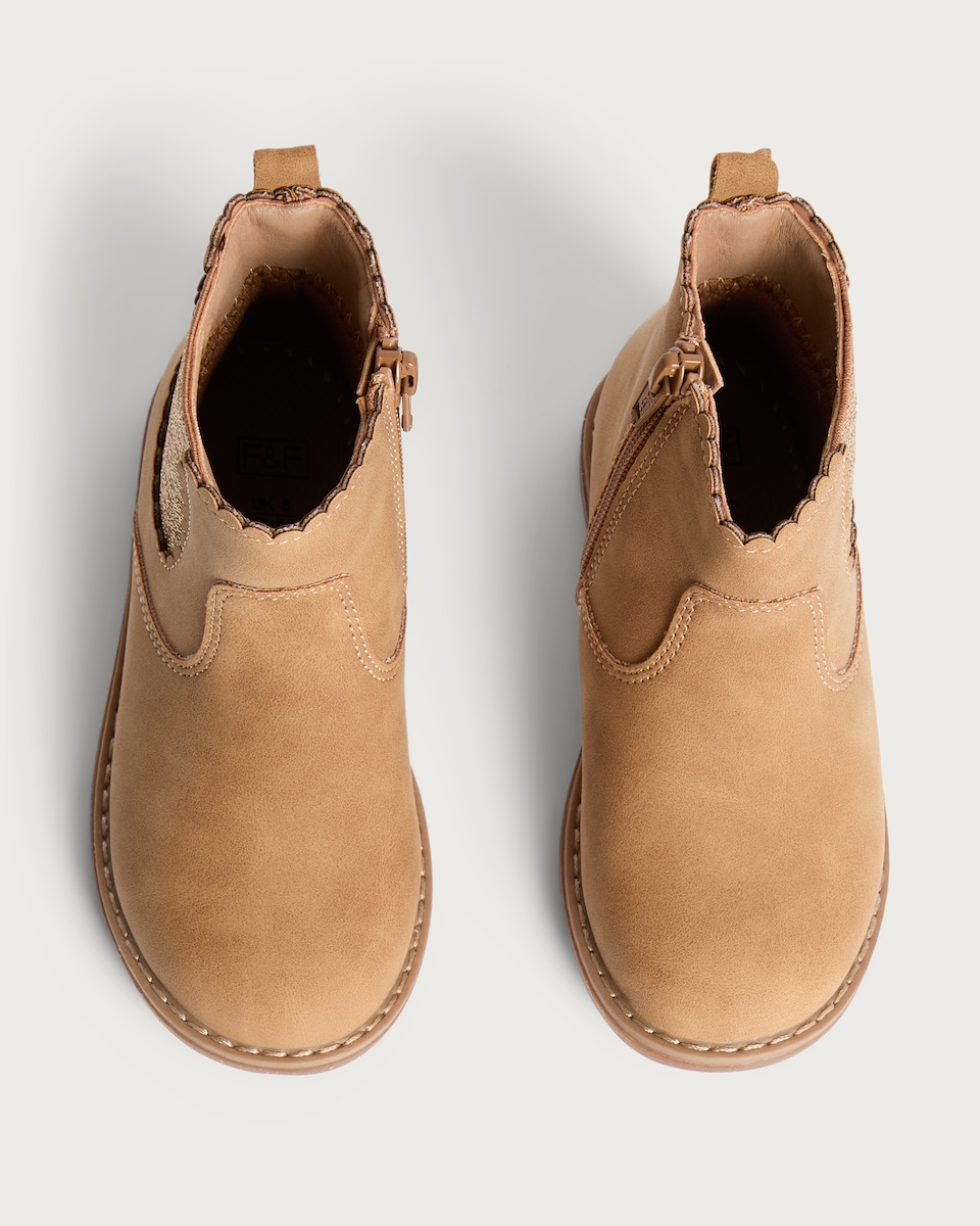image 1 of F&F Girls Scallop Trim Ankle Boots in Tan