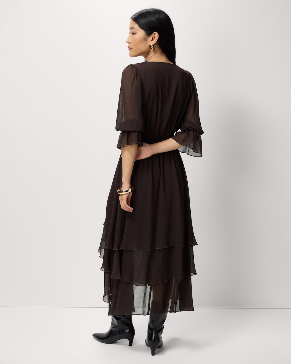 image 1 of F&F Chiffon Tiered Midi Dress in Chocolate