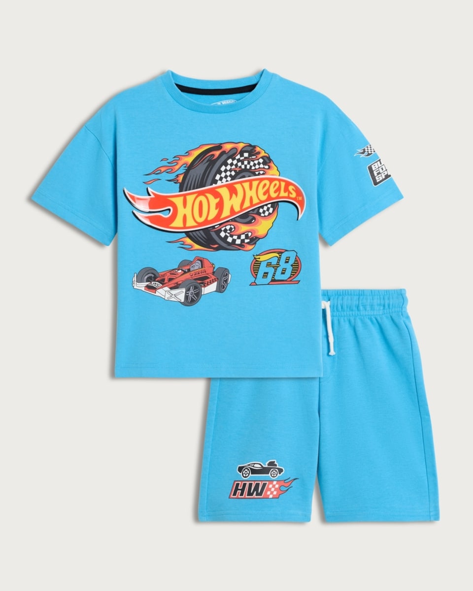 image 1 of Hot Wheels 2-Piece Pure Cotton T-Shirt and Shorts Set in Blue