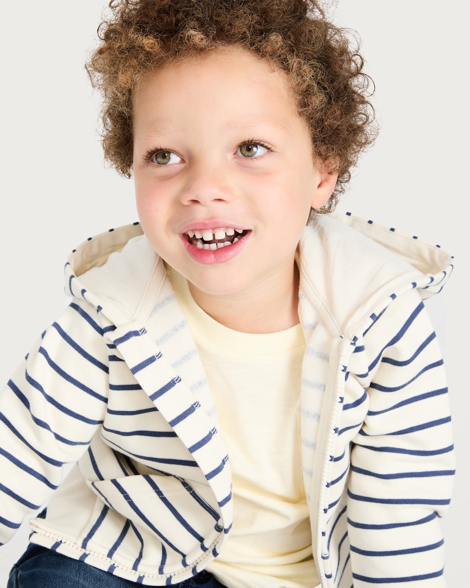 image 1 of F&F Boys Cotton Rich Stripe Print Zip Up Hoodie in Cream