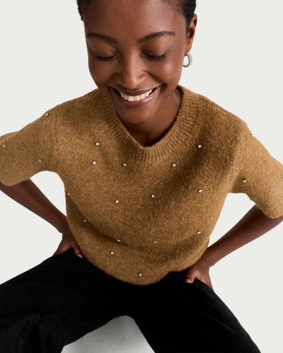 image 1 of F&F Diamanté Embellished Short Sleeved Jumper in Neutral