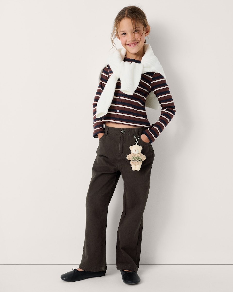 image 1 of F&F Girls Pure Cotton Bear Charm Jeans in Brown