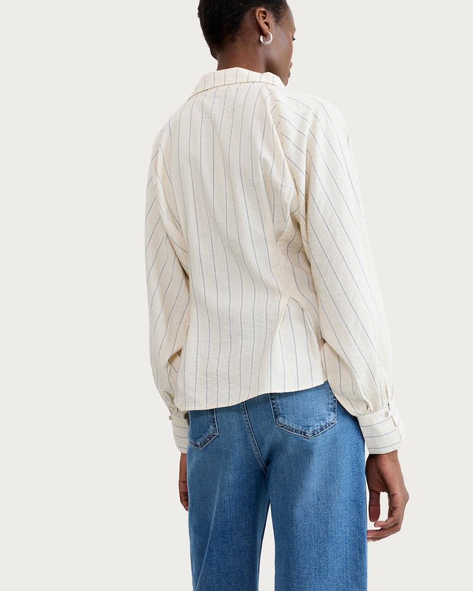 image 1 of F&F Stripe Print Cinched Waist Button Up Blouse in Neutral