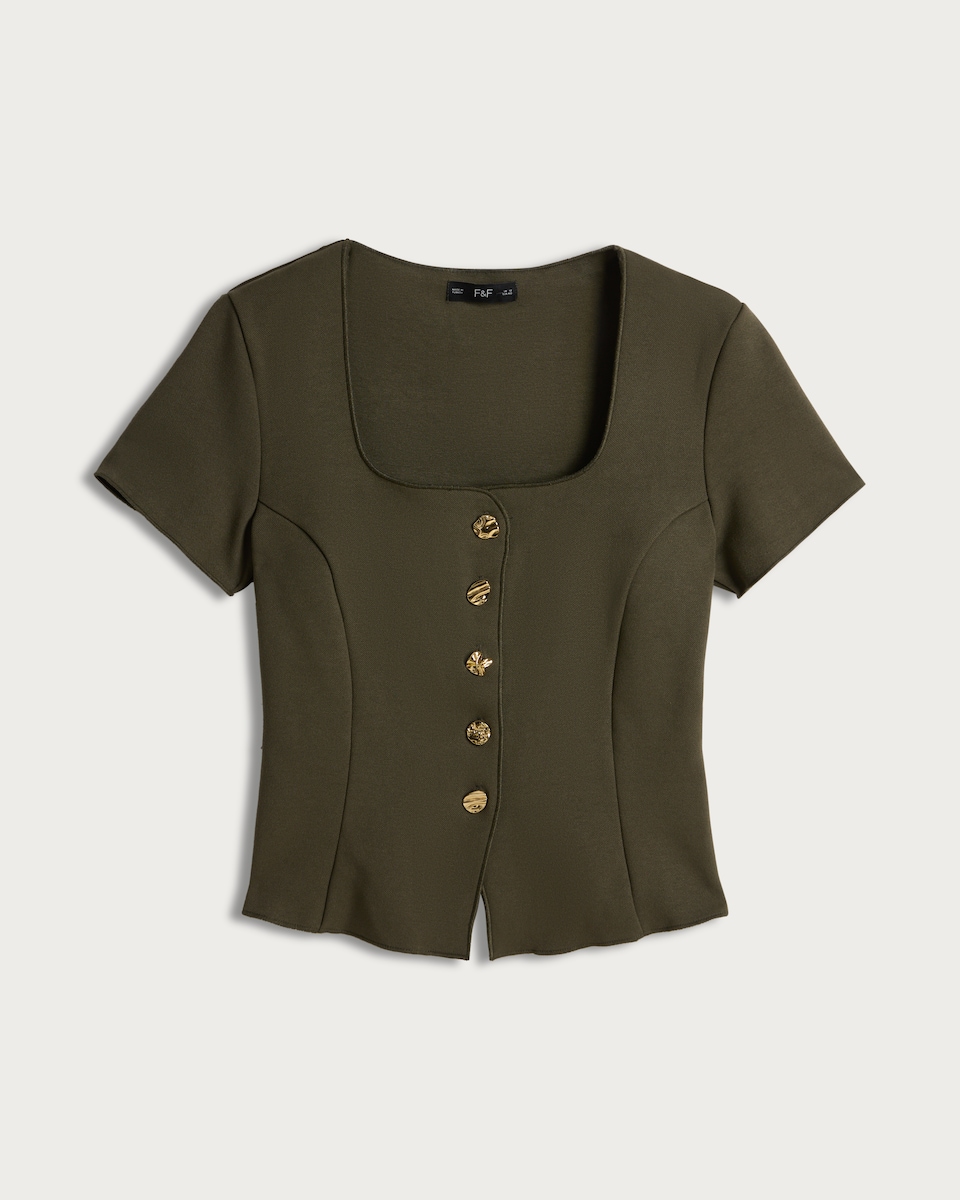 F&F Square Neck Buttoned Short Sleeved Top in Olive