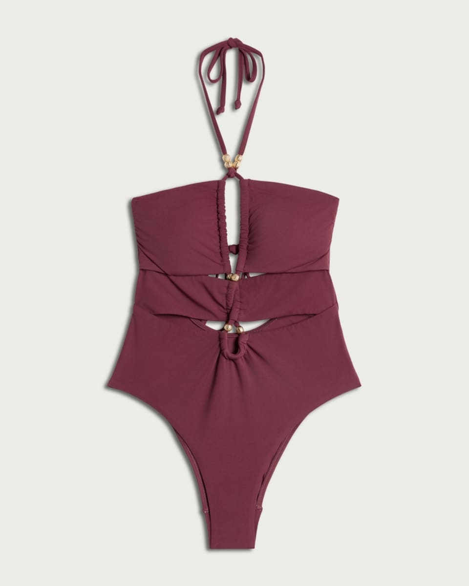 image 1 of F&F Cut Out Beaded Halterneck Swimsuit in Purple
