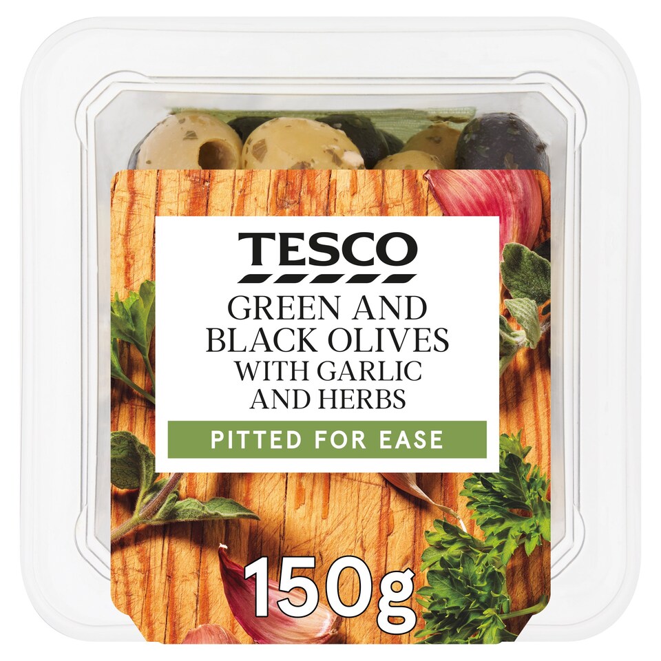 Tesco Black & Green Olives with Garlic & Herbs 150g Tesco Groceries