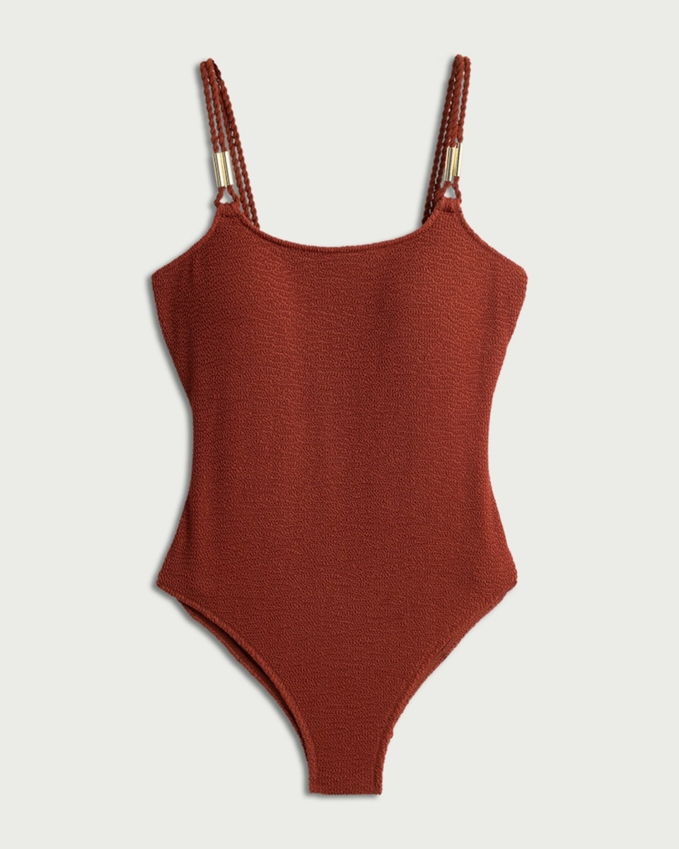 image 1 of F&F Crinkle Textured Braided Strap Swimsuit in Brick