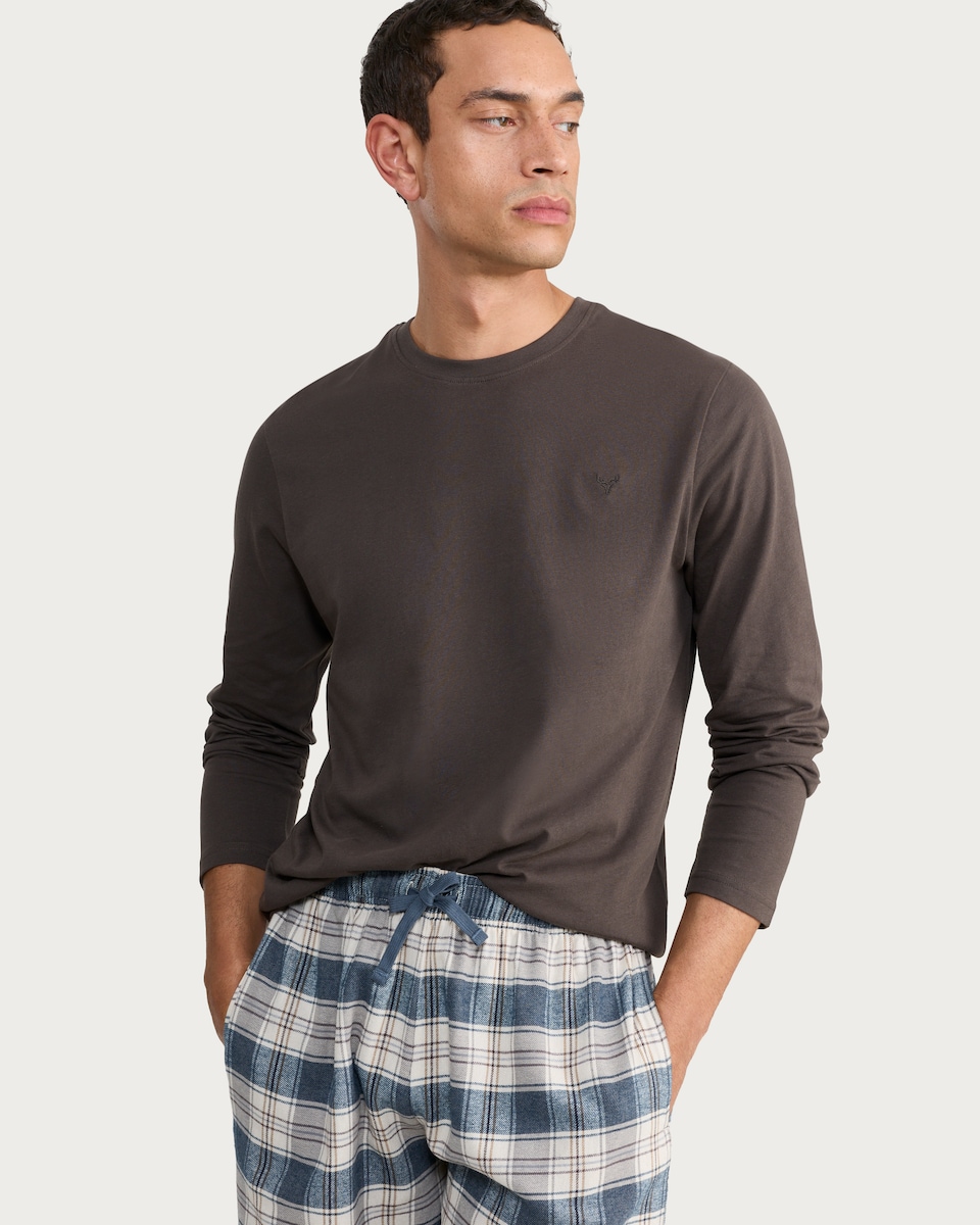 image 1 of F&F Pure Cotton Waffle Textured Long Sleeved Top and Bottoms Pyjamas in Brown