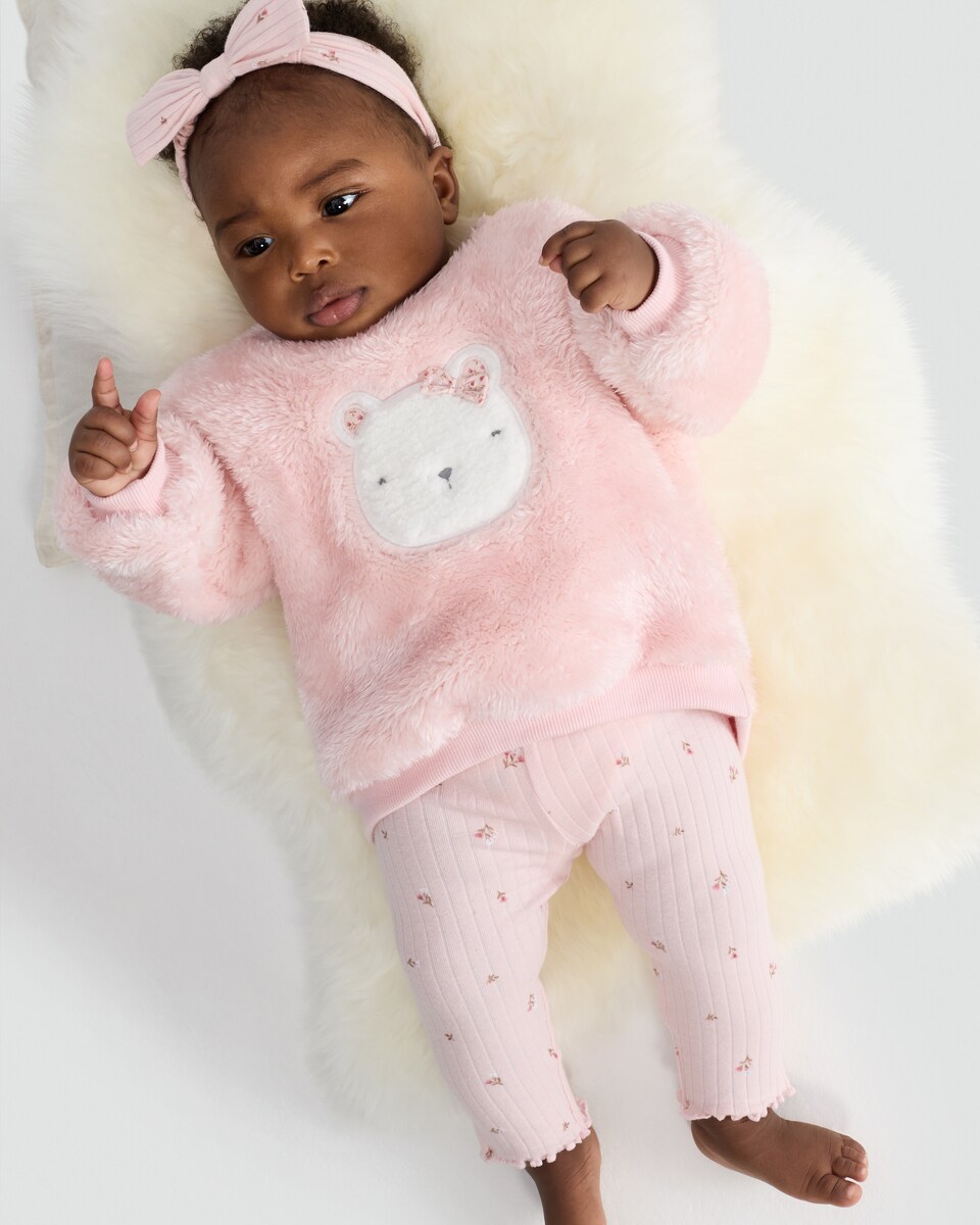 image 1 of F&F Baby 3-Piece Bear Motif Jumper, Leggings and Headband Set in Pink