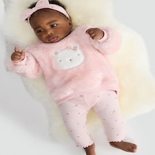 F&F Baby 3-Piece Bear Motif Jumper, Leggings and Headband Set in Pink