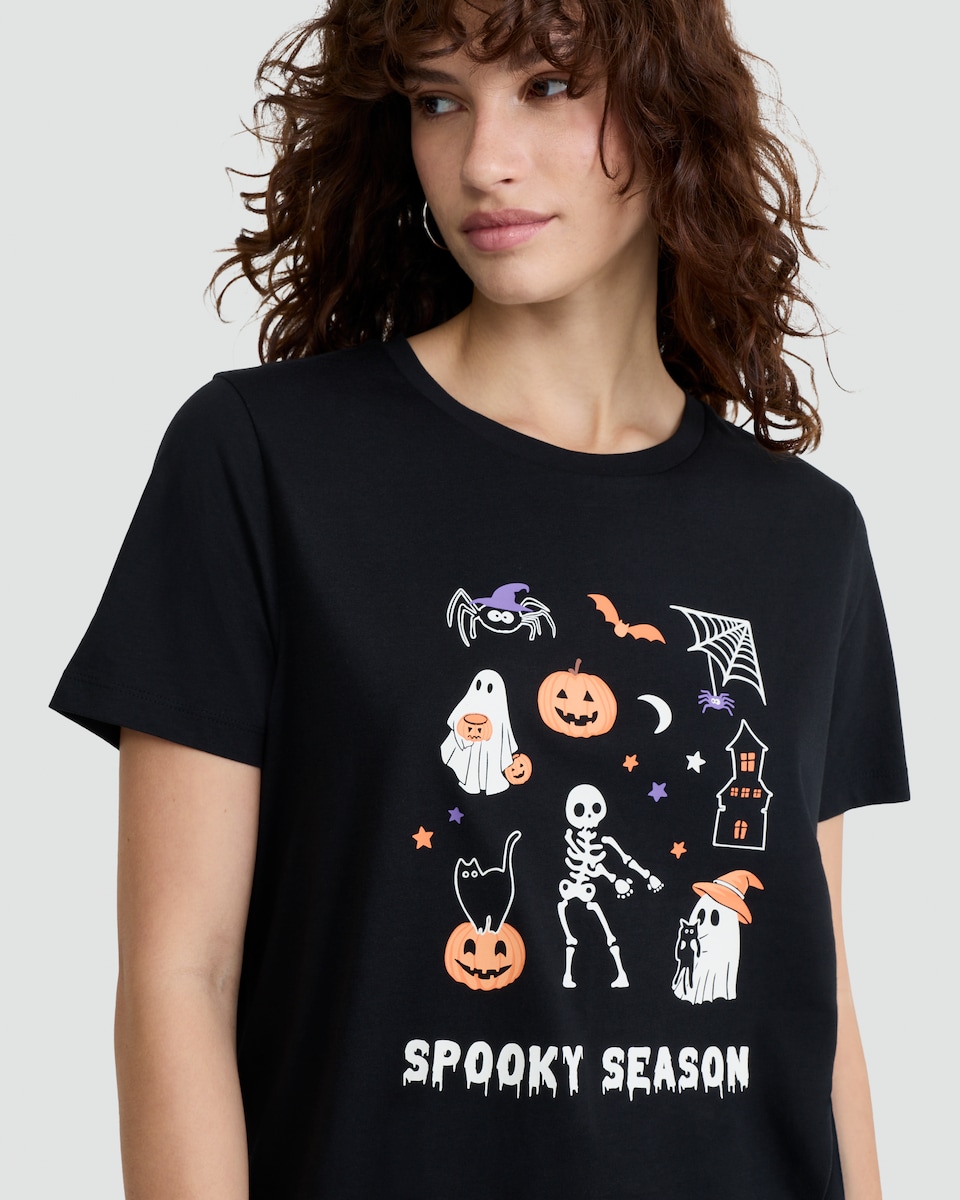 image 1 of F&F Pure Cotton Spooky Season Slogan T-Shirt in Black