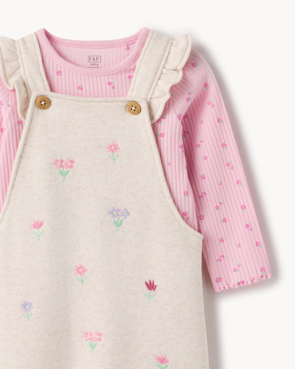 image 1 of F&F Baby 2-Piece Embroidered Floral Dungarees and Bodysuit Set in Neutral