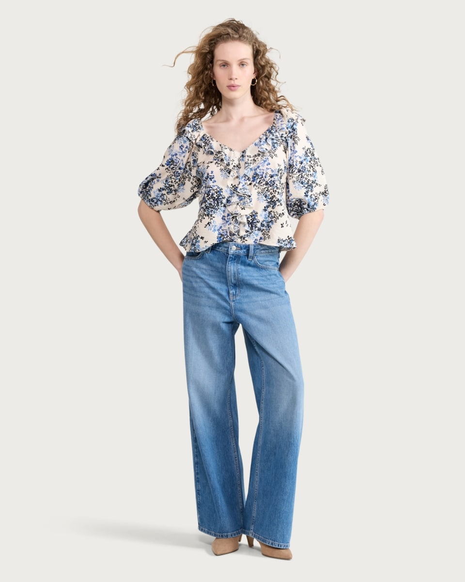 image 1 of F&F Floral Ruffle Detail Blouse in Multi Blue