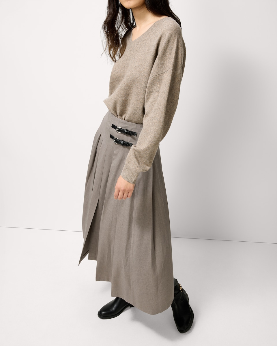 image 1 of F&F Pleated Buckle Midi Skirt in Grey