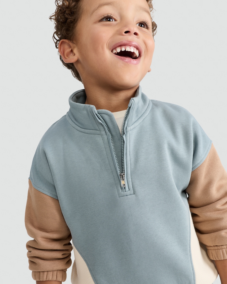 image 1 of F&F Boys 2-Piece Cotton Rich Colour Block Half Zip Sweatshirt and Joggers Set in Blue