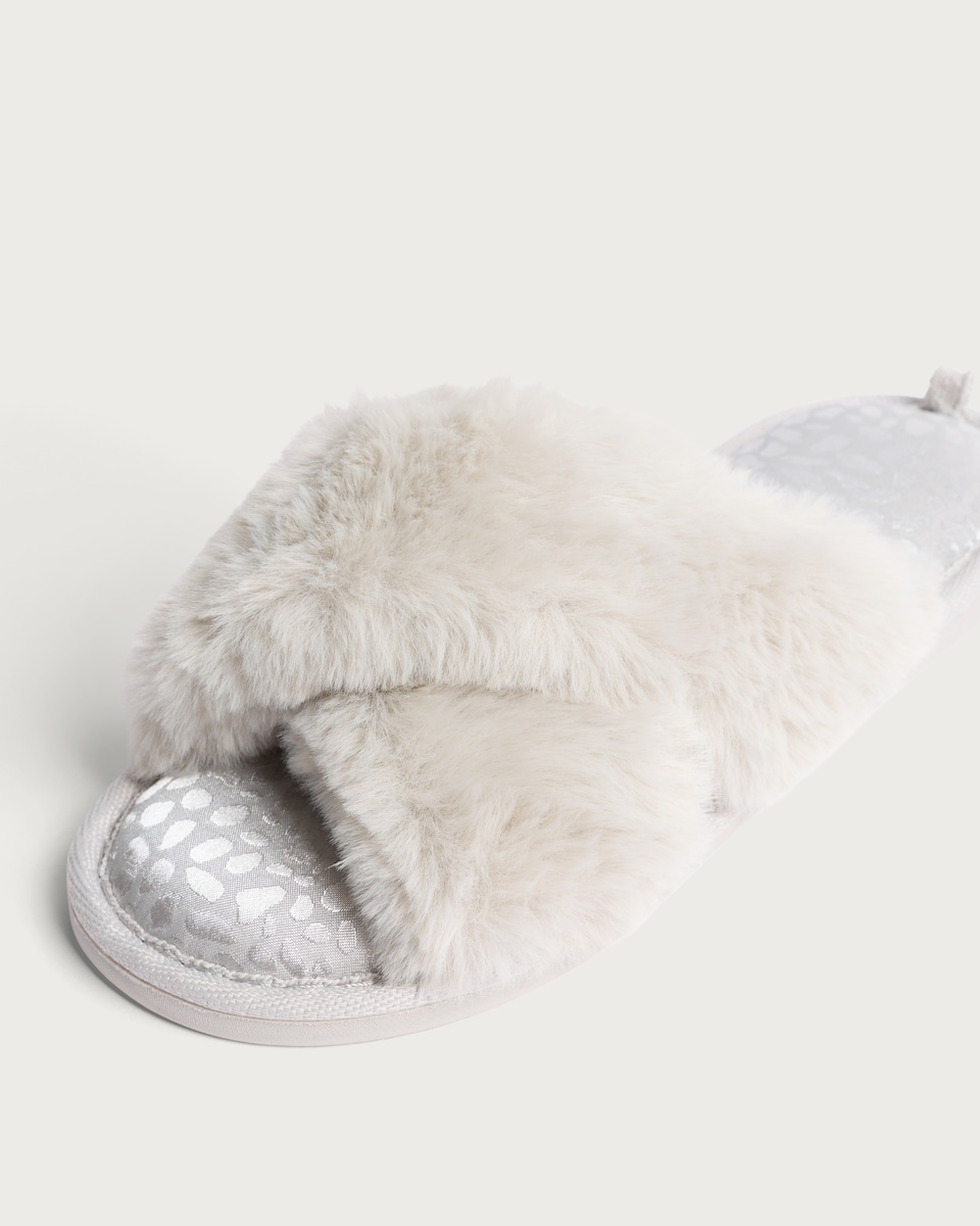 image 1 of F&F Faux Fur Crossover Slippers in Grey