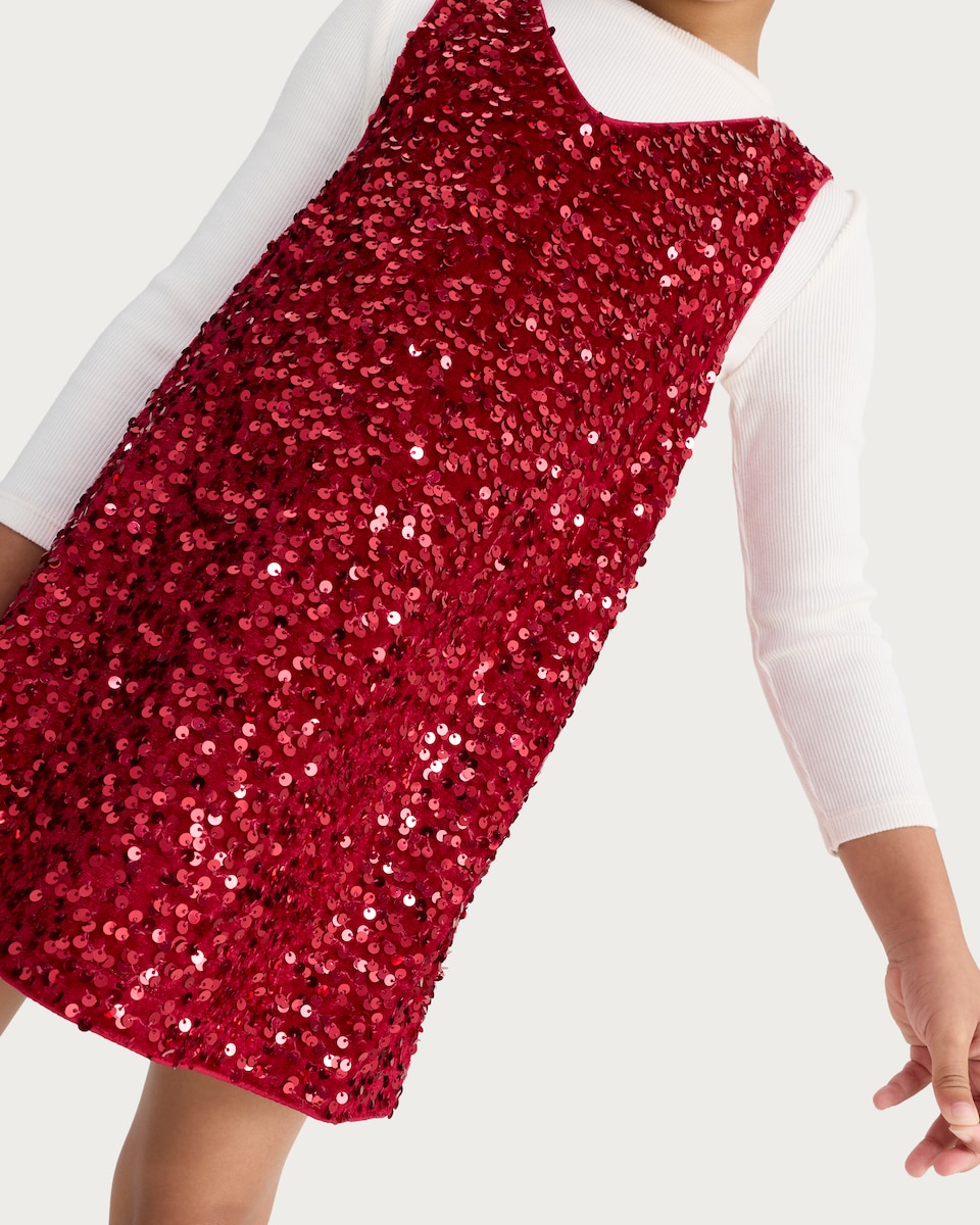 image 1 of F&F Girls 2-Piece Sequin Embellished Dress and Long Sleeved Top Set in Red