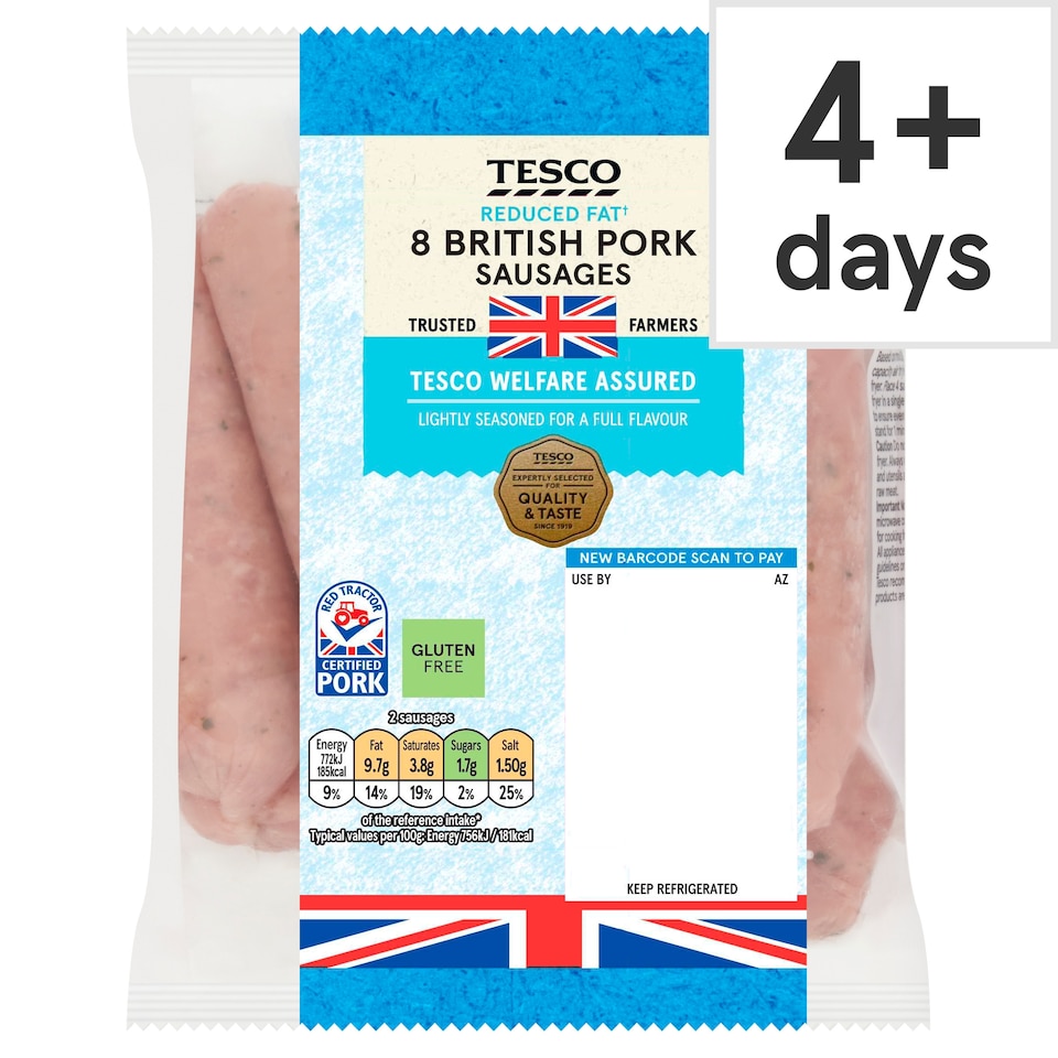 Tesco 8 Reduced Fat Pork Sausages 454G