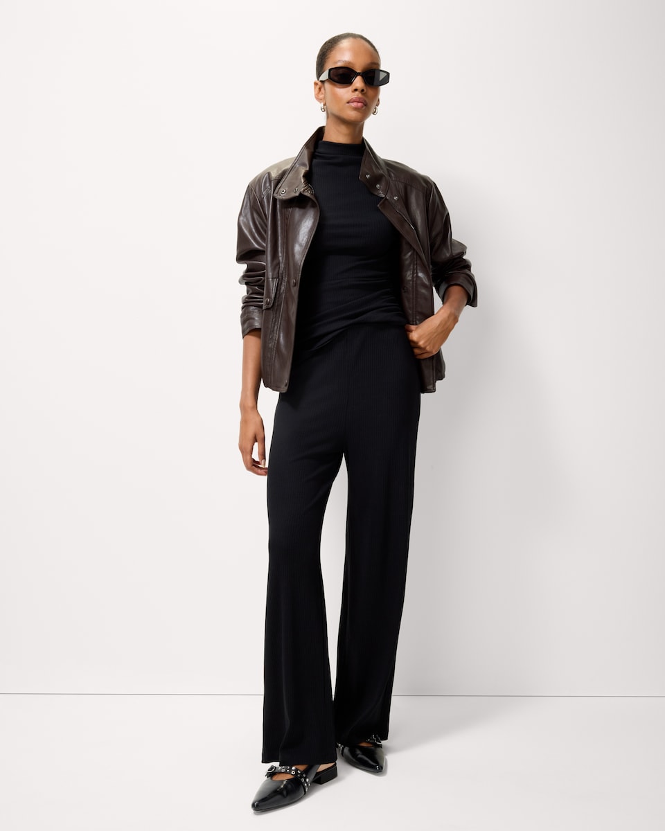 image 1 of F&F Cotton Blend Ribbed Ruched Side Top in Black