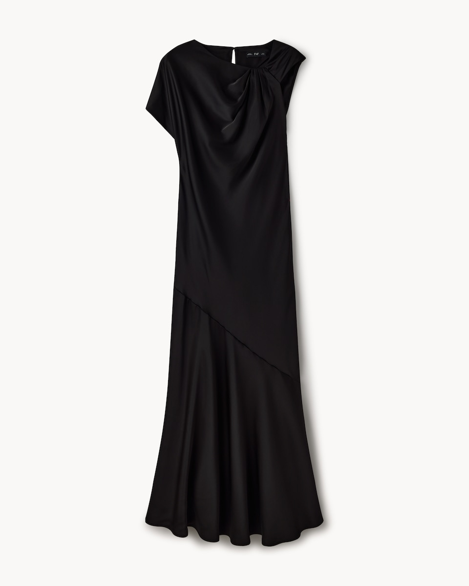 image 1 of F&F Satin Asymmetric Maxi Dress in Black
