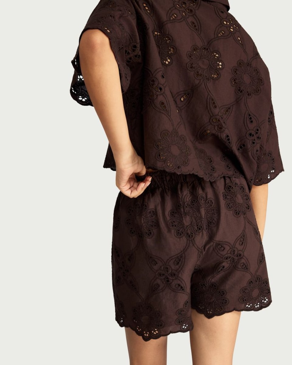 image 1 of The F&F Edit Pure Cotton Embroidered Co-ord Shorts in Chocolate
