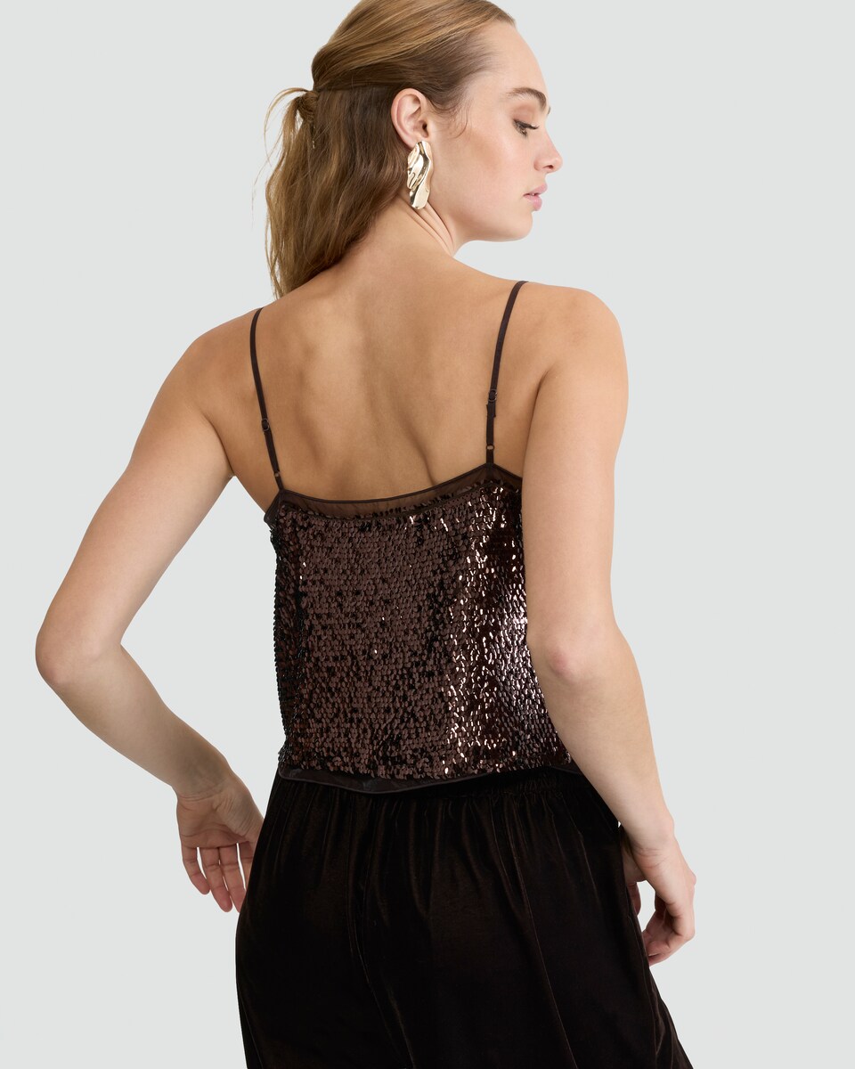 image 1 of F&F Organza Trim Sequin Embellished Co-ord Camisole in Brown