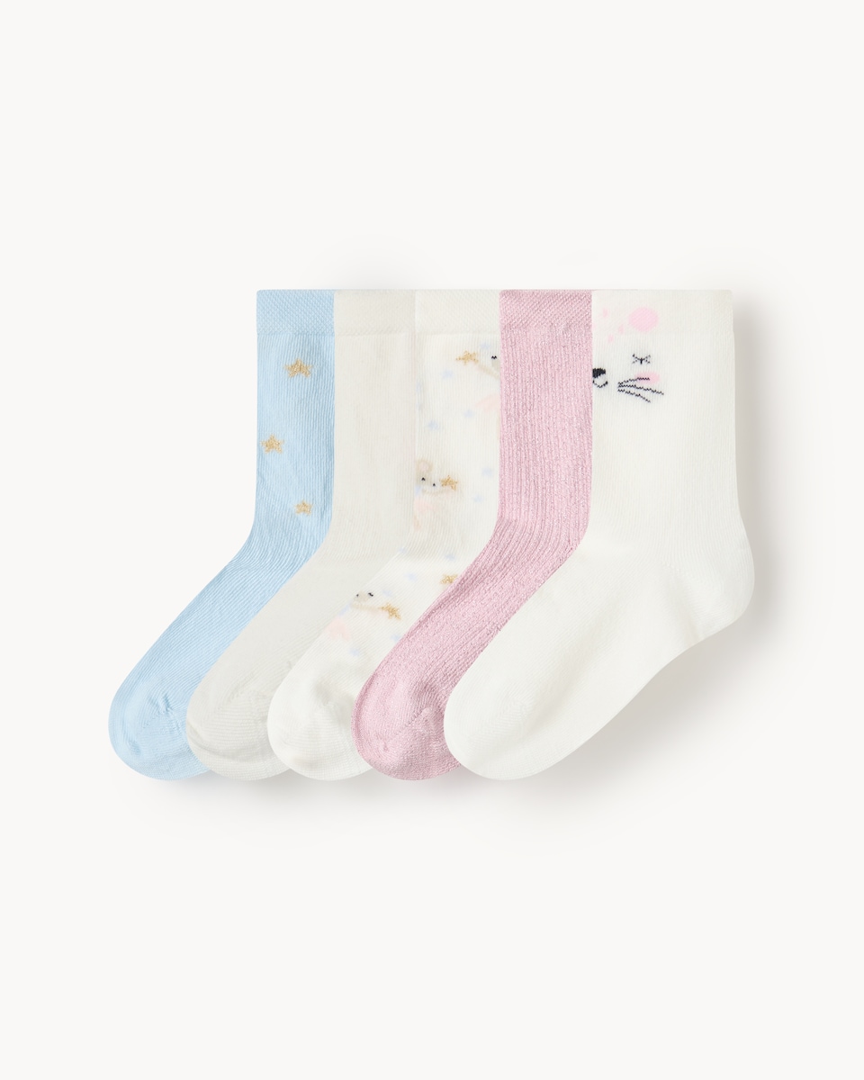 F&F Girls 5-Pack Cotton Rich Ballerina Mouse Ankle Socks in Multi