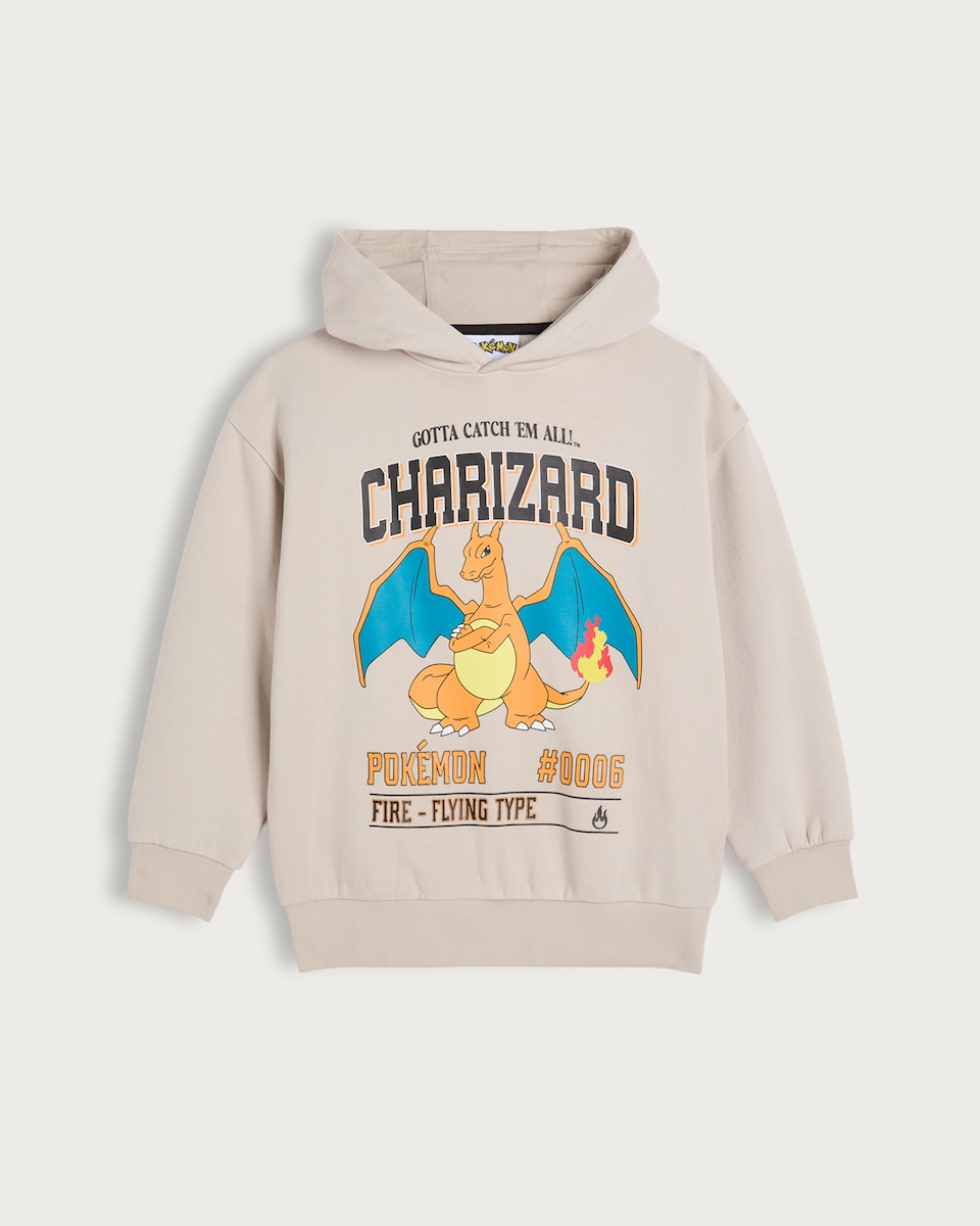 image 1 of Pokemon Charizard Cotton Rich Hoodie in Stone