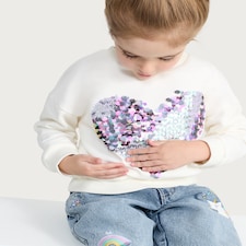 F&F Girls Cotton Rich Sequin Heart Sweatshirt in Cream