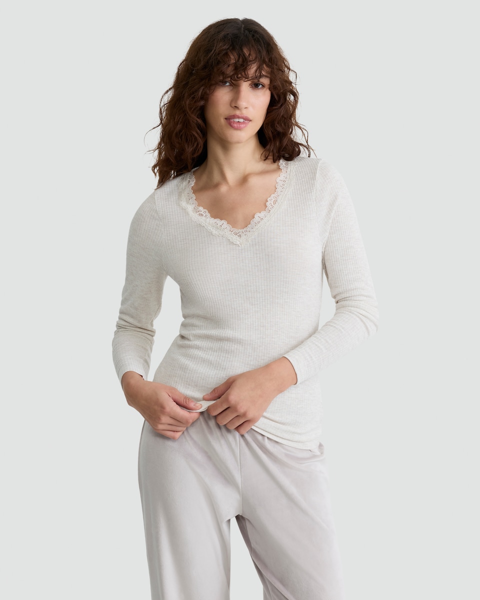 image 1 of F&F Medium Warmth Thermal Lace Trim Long Sleeved Top in Neutral