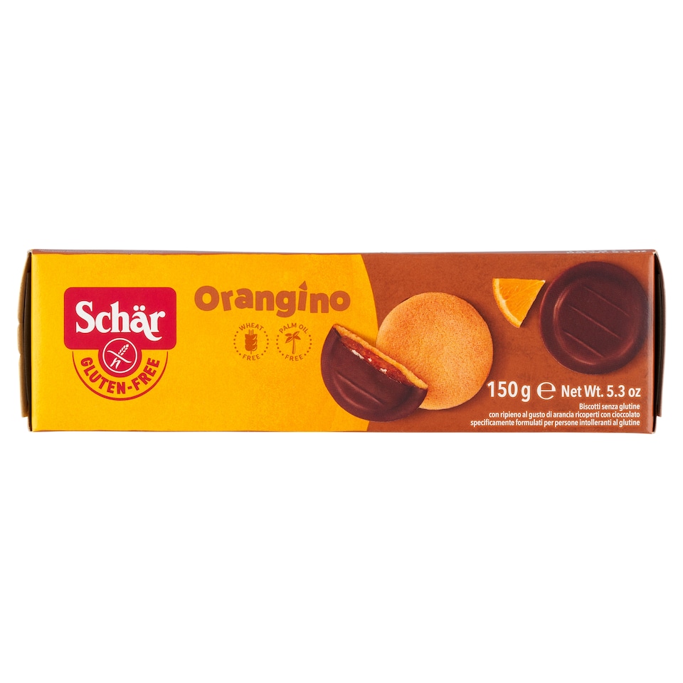 obrázok 1 z Schär Orangino jemné pečivo bezgluténové polomáčané v čokoláde s náplňou s príchuťou pomaranča 150 g