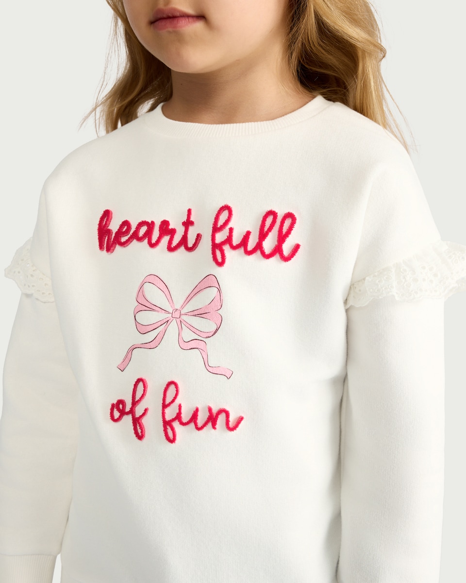 image 1 of F&F Girls Cotton Rich Embroidered Sweatshirt in Cream