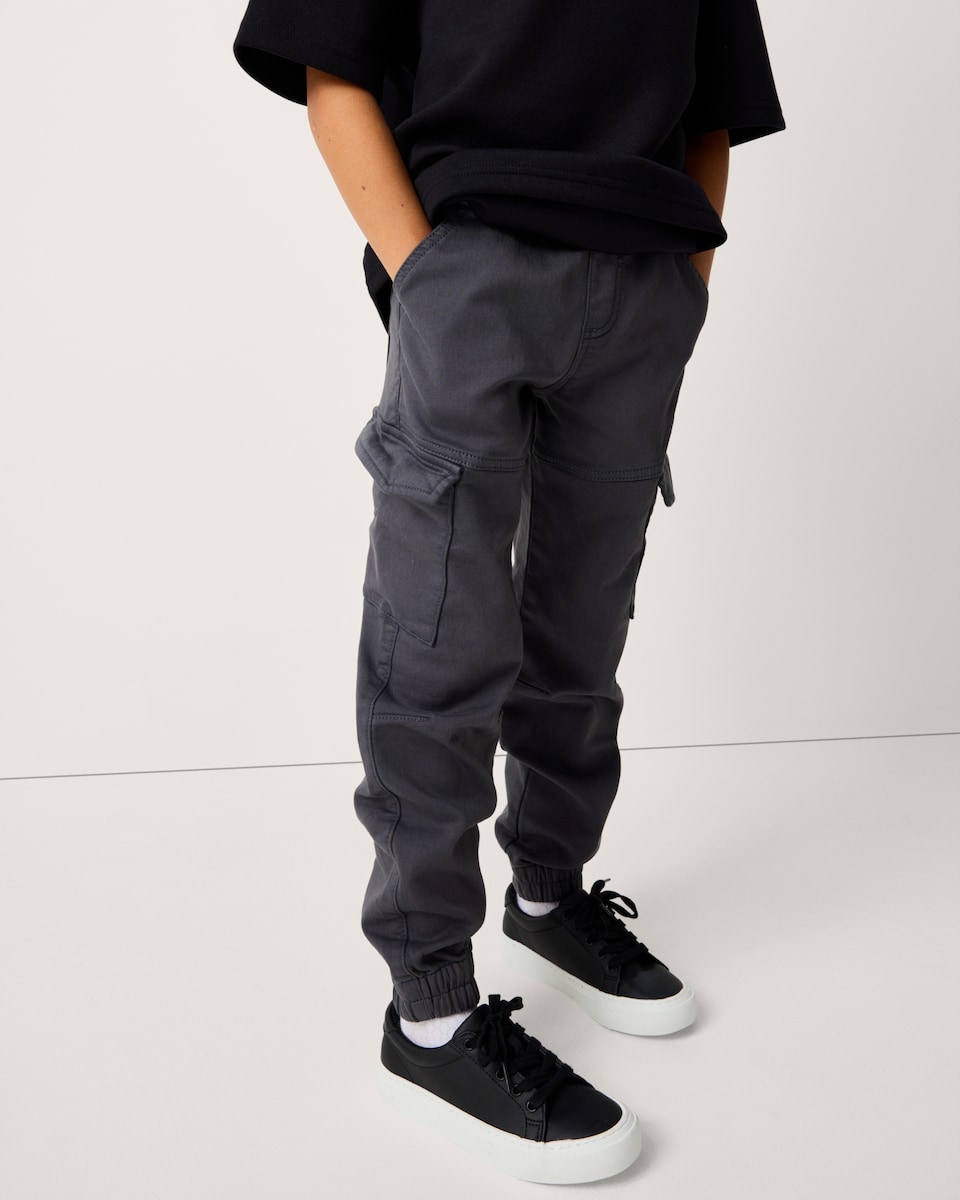 image 1 of F&F Boys Cotton Rich Cuffed Cargo Trousers in Grey
