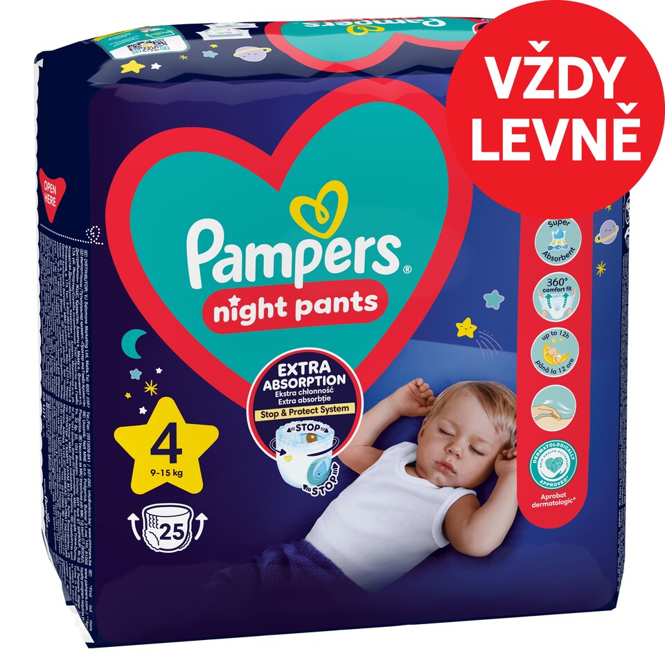 Obrázek 1 pro produkt Plenkové Kalhotky Pampers Pants Night Velikost 4, 25 Kusů, 9kg-15kg