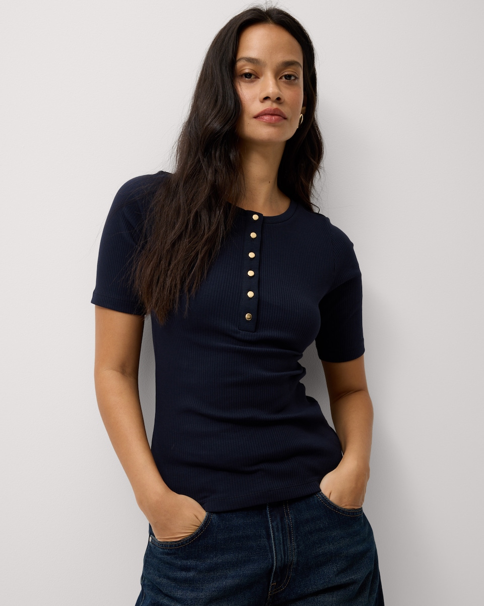 image 1 of F&F Cotton Rich Ribbed Short Sleeved Button Up Top in Navy