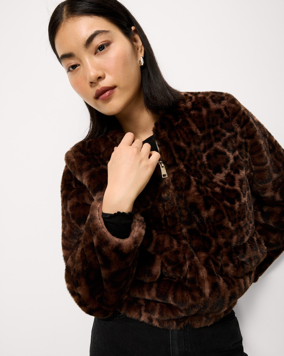 image 1 of F&F Faux Fur Zip Up Short Jacket in Multi Brown
