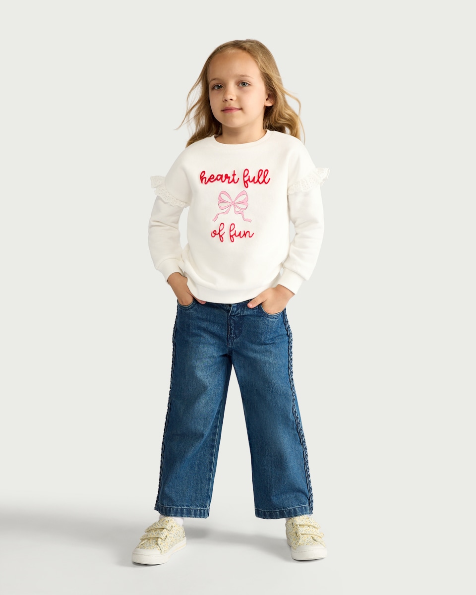 image 1 of F&F Girls Cotton Rich Embroidered Sweatshirt in Cream