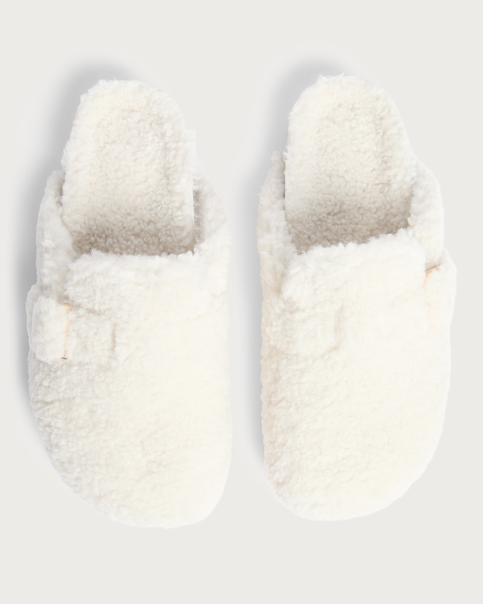 image 1 of F&F Shearling Buckle Footbed Slippers in Cream