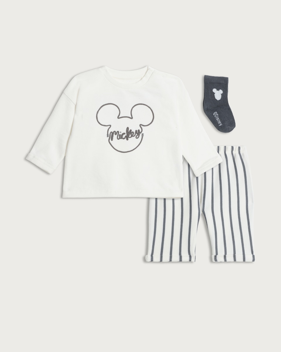 image 1 of Disney Mickey Mouse 3-Piece Cotton Rich Top, Trousers and Socks in White