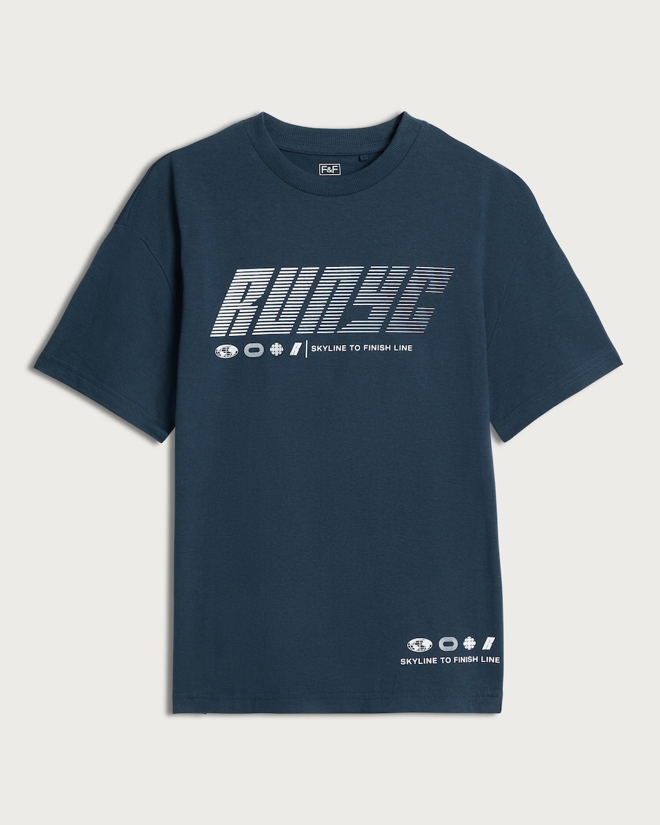 image 1 of F&F Boys Pure Cotton RUNYC Print Oversized Fit T-Shirt in Grey