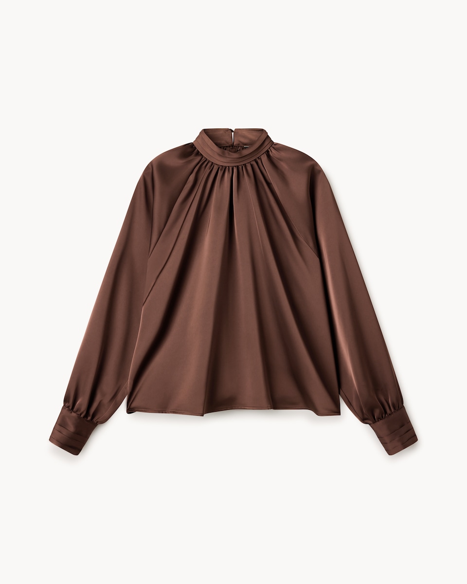 image 1 of F&F Satin High Neck Blouse in Tobacco