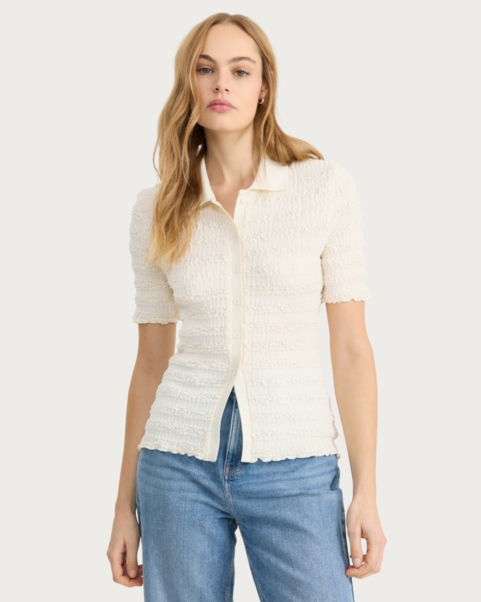 image 1 of F&F Crinkle Textured Button Up Co-ord Shirt in Cream
