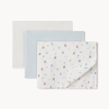 F&F Baby 3-Pack Pure Cotton Printed Muslin Cloths in Blue