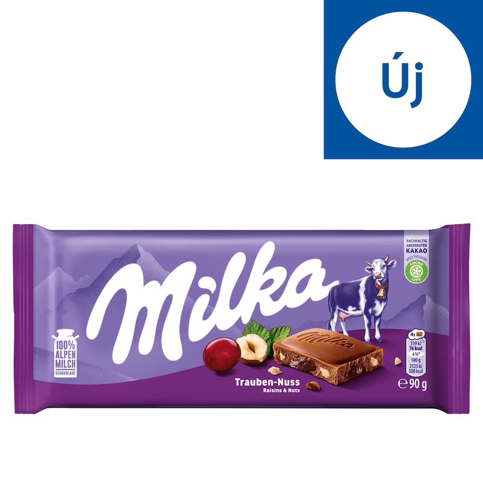 Milka alpesi tej felhasználásával készült tejcsokoládé mazsolával és mogyoródarabokkal 90 g