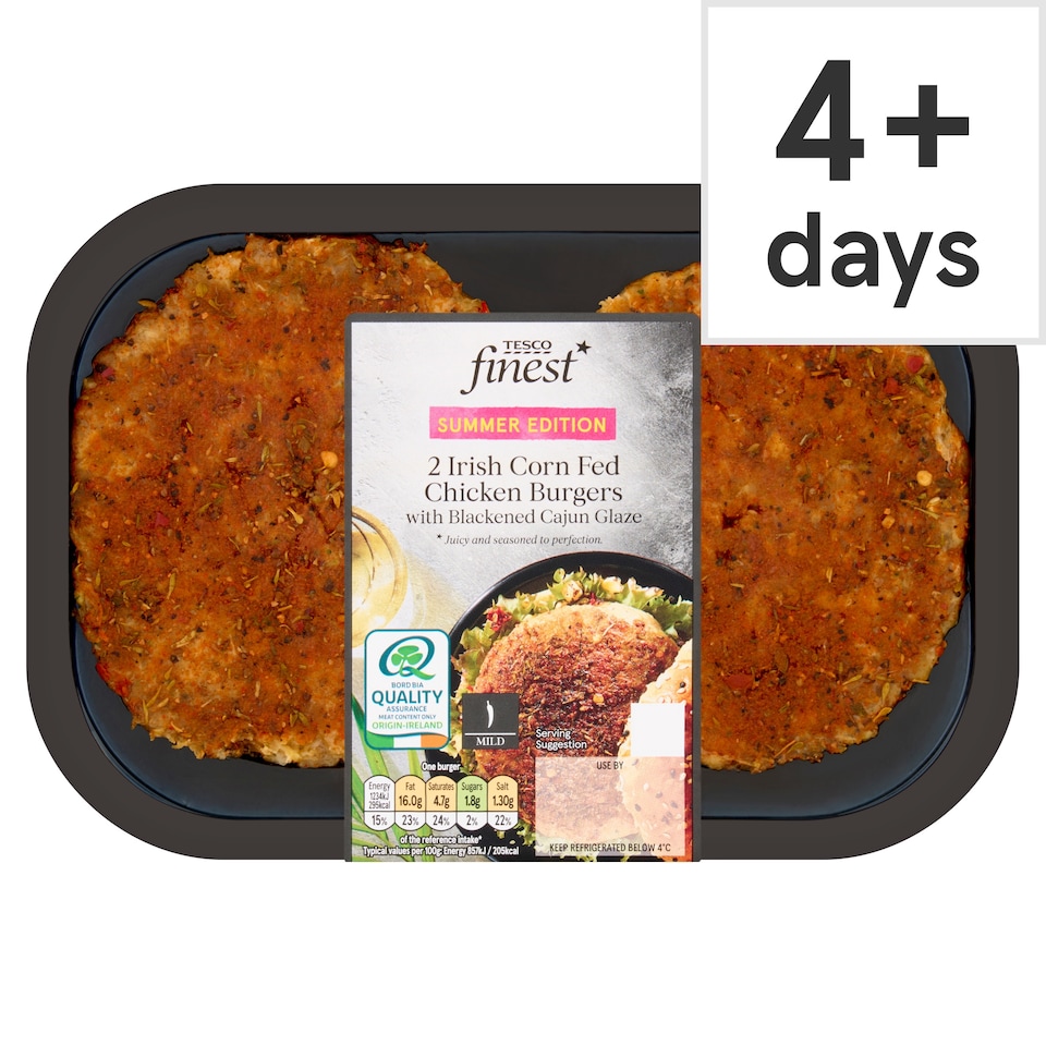 Tesco Finest 2 Irish Corn Fed Chicken Burgers with Blackened Cajun Glaze 360g