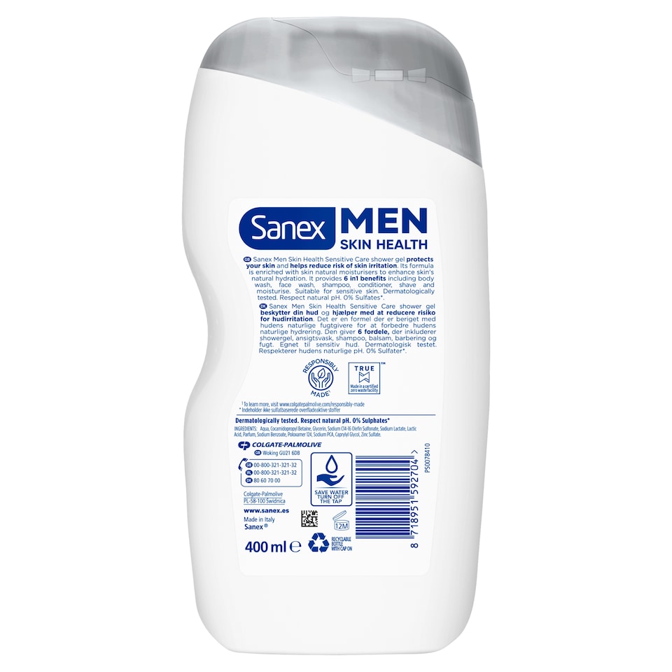 image 1 of Sanex Men Skin Health Sensitive Care 6 in 1 Shower Gel 400ml