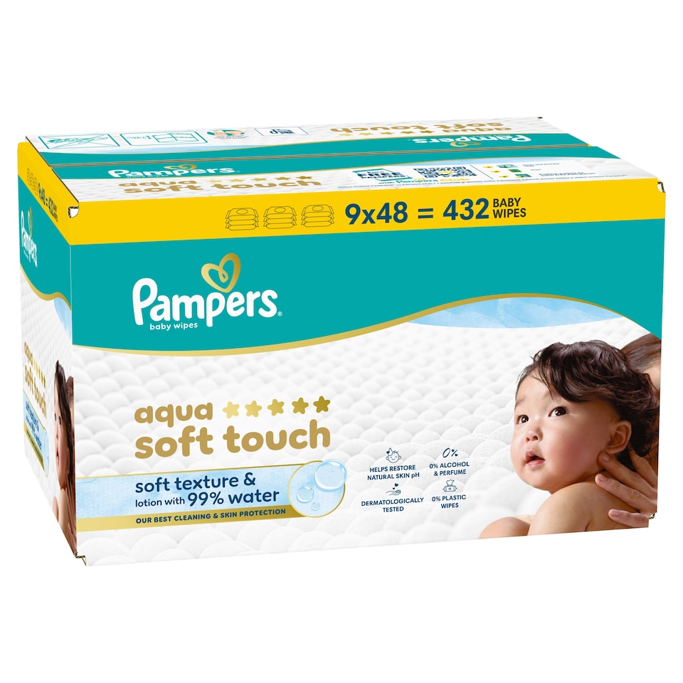 image 1 of Pampers Aqua Soft Touch Baby Wet Wipes, 9 Packs of 48 Wipes = 432 Baby Wet Wipes