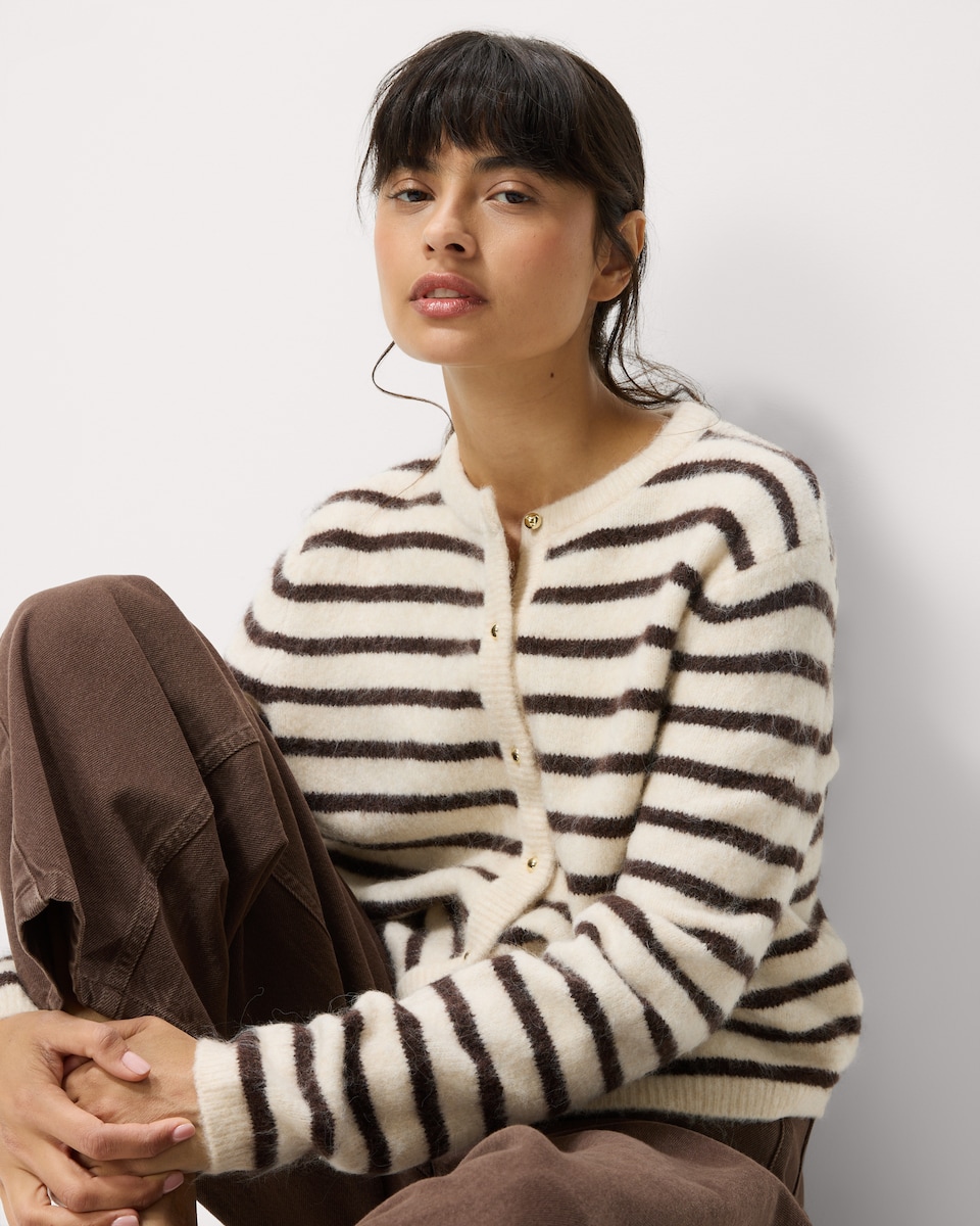 image 1 of F&F Striped Button Up Cardigan in Multi Brown