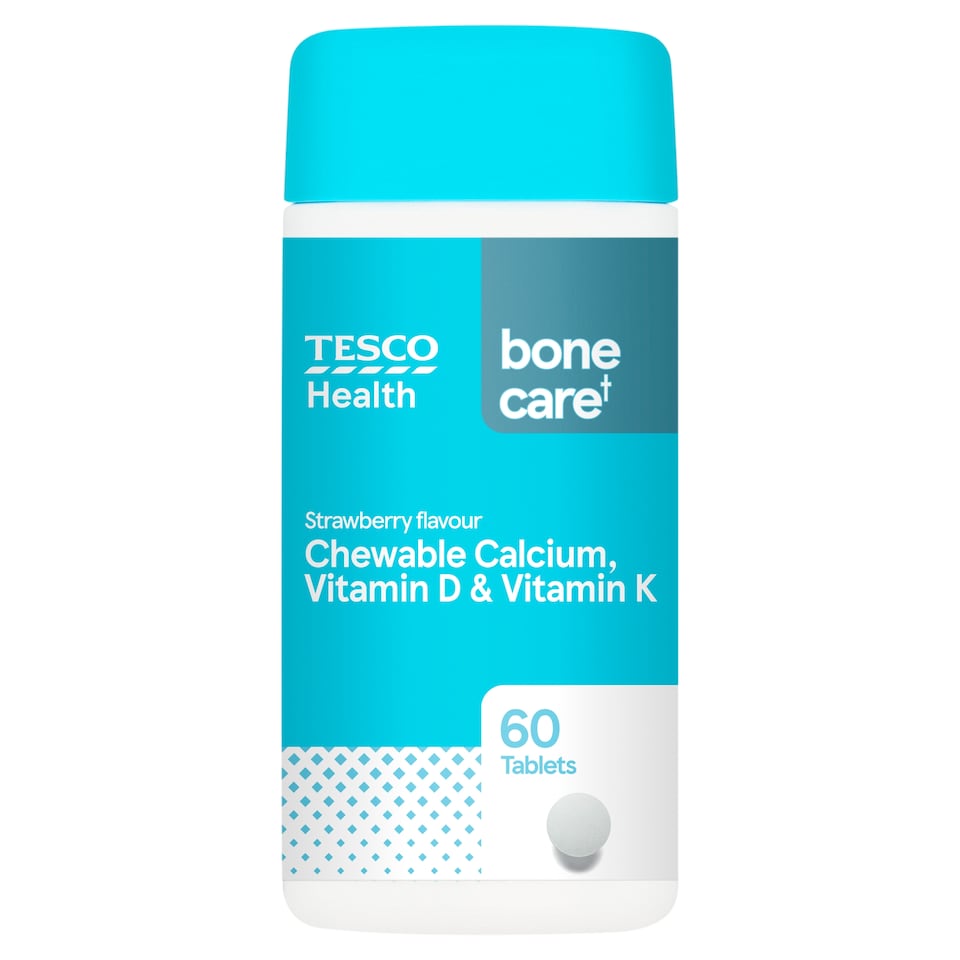 Tesco Health Strawberry Flavour Chewable Calcium, Vitamin D & K  60 Tablets        