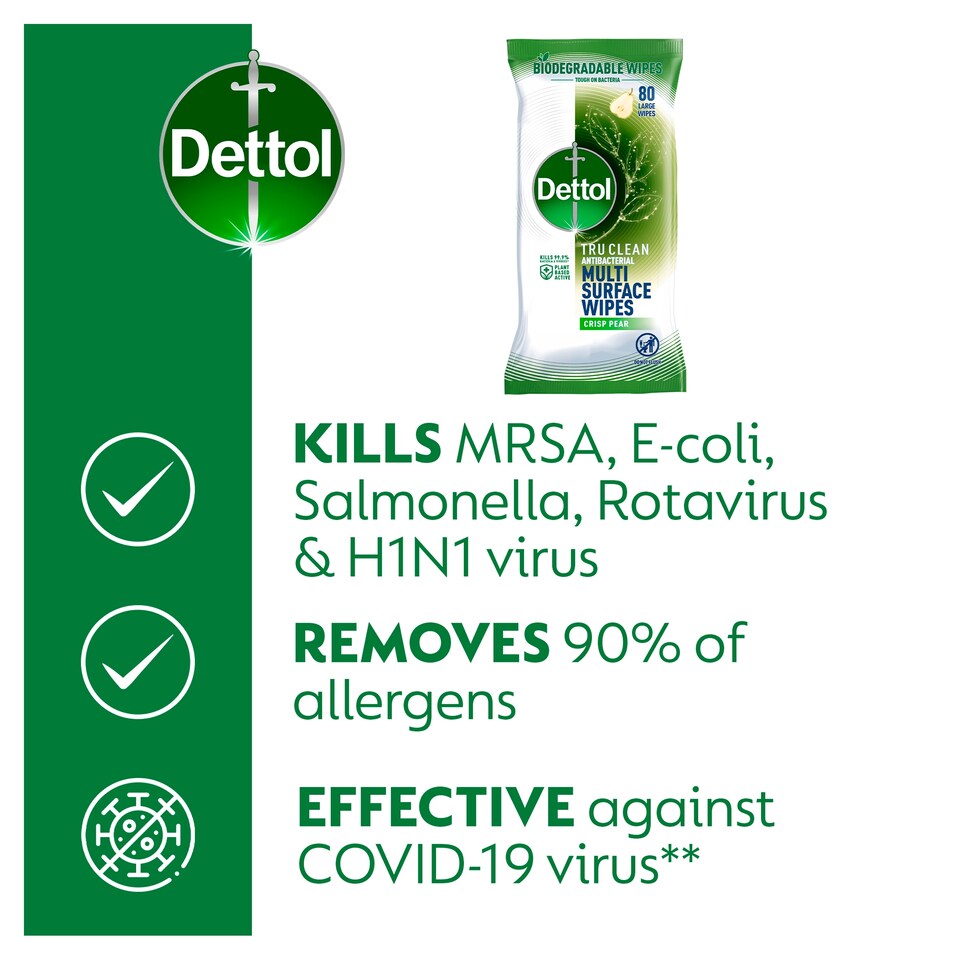 image 1 of Dettol Tru Clean Biodegradable Pear Antibacterial Wipe 80S